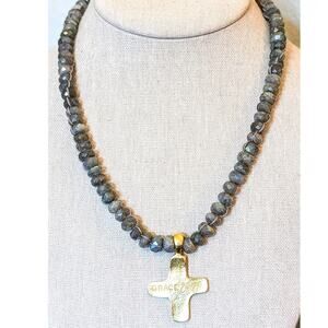 Grace George Gray Faceted Glass Bead Necklace W/ Chunky Gold Tone Cross Pendant